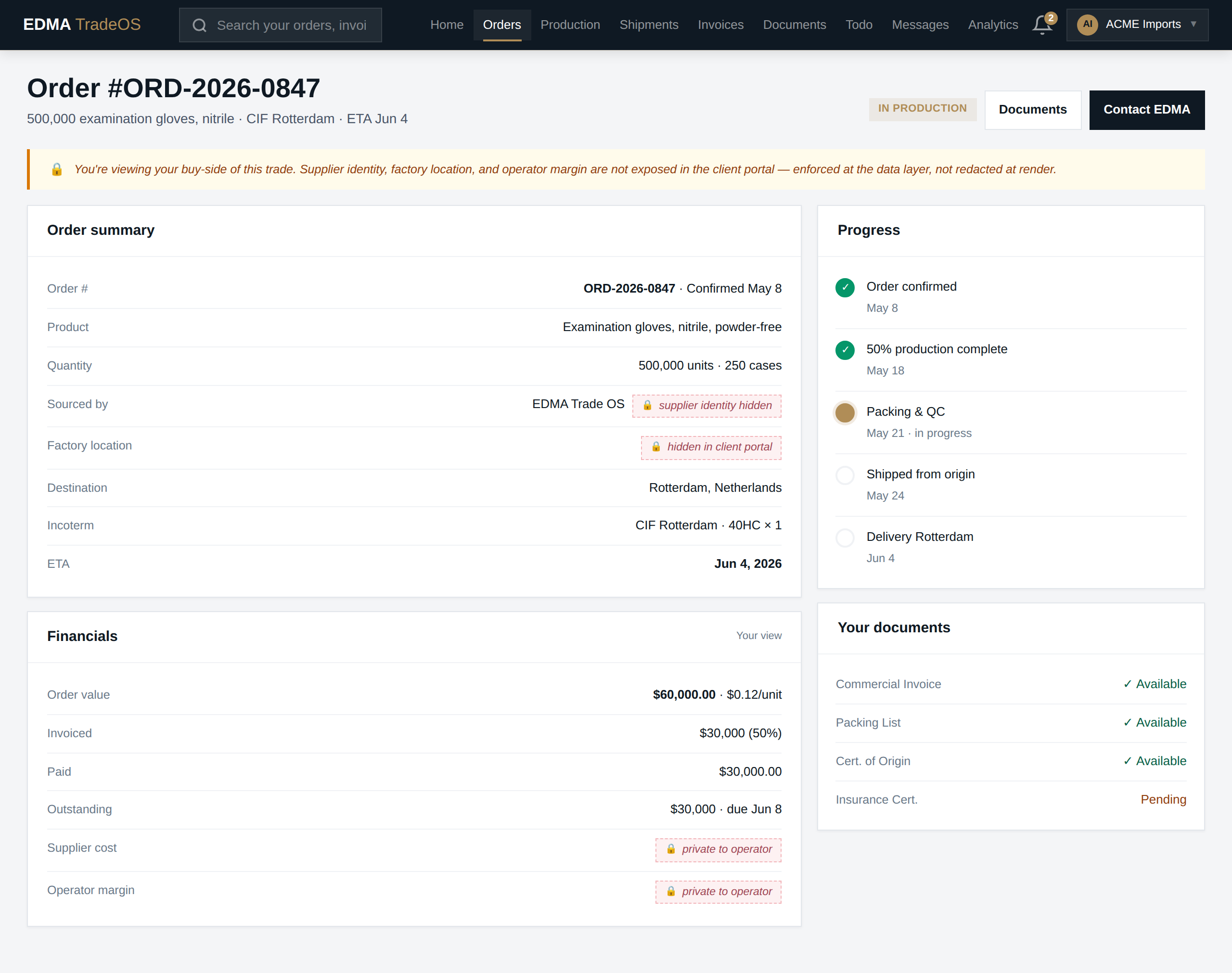 Client Order Detail page showing what the buyer sees — supplier and cost information redacted