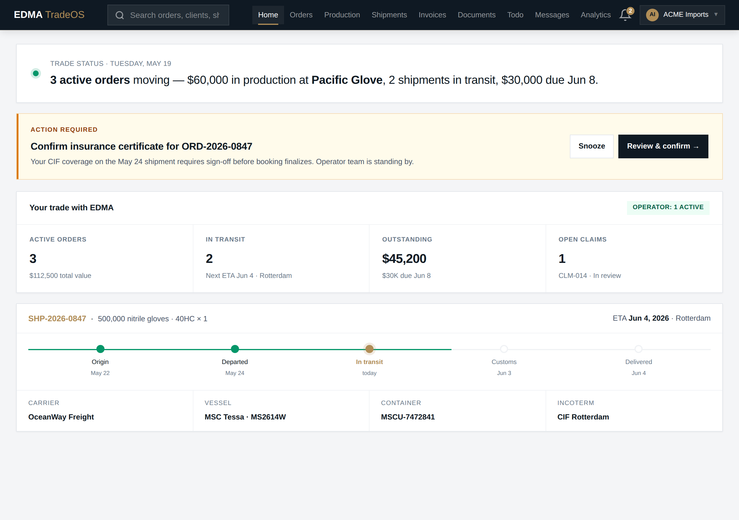 EDMA Client Portal home screen showing orders, shipments, invoices, and documents