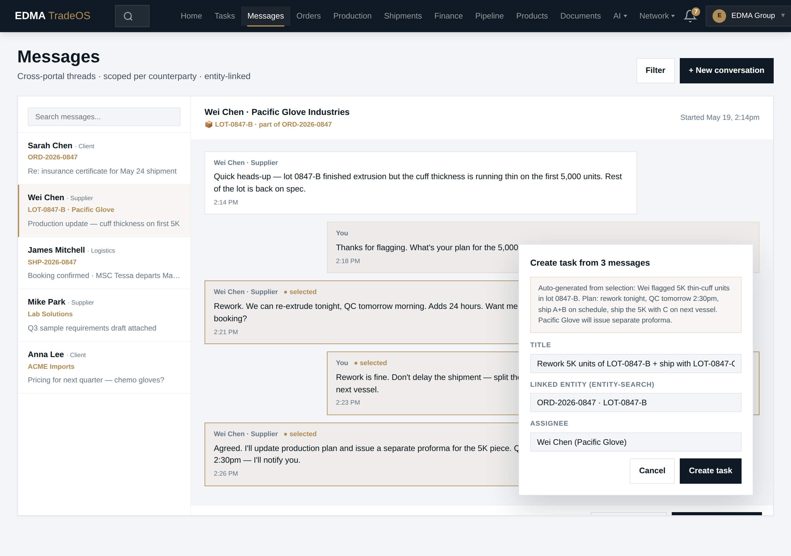 Tasks-from-chat modal showing the selection toolbar and structured task creation flow