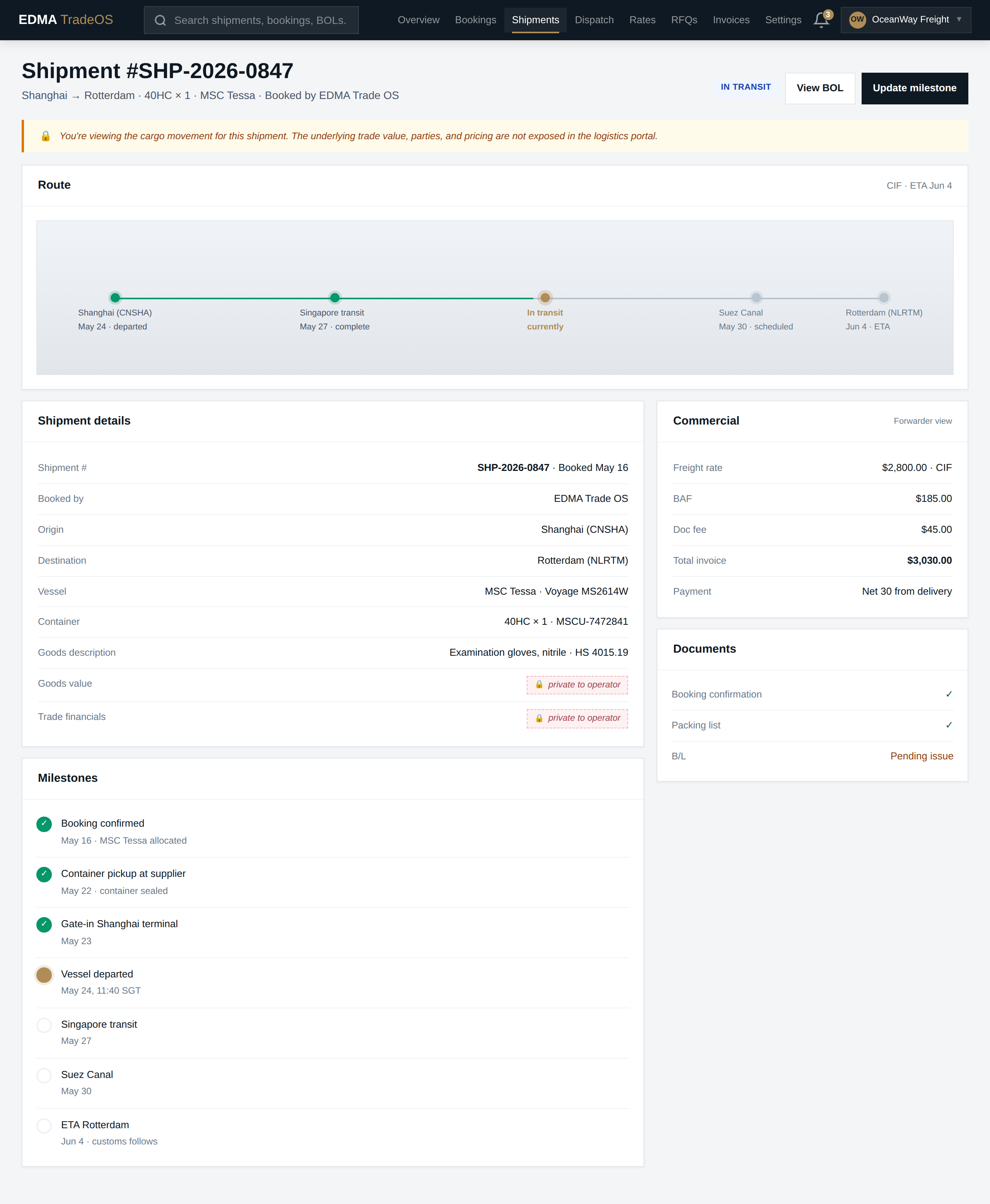 Logistics Shipment Detail page showing what the forwarder sees — trade financials hidden