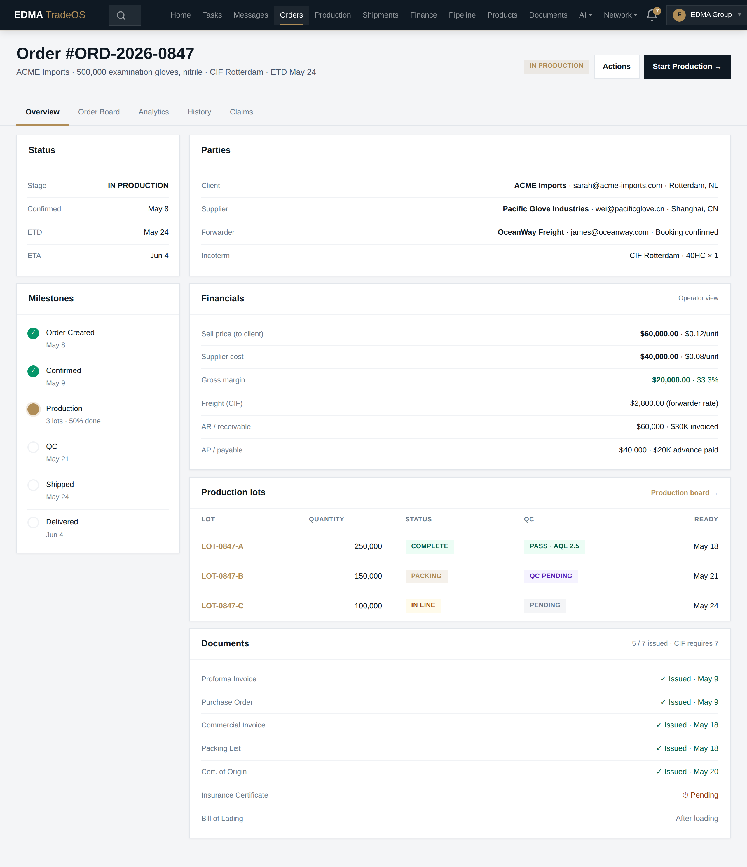 Operator Order Detail page showing client, supplier, production, shipment, and full financials