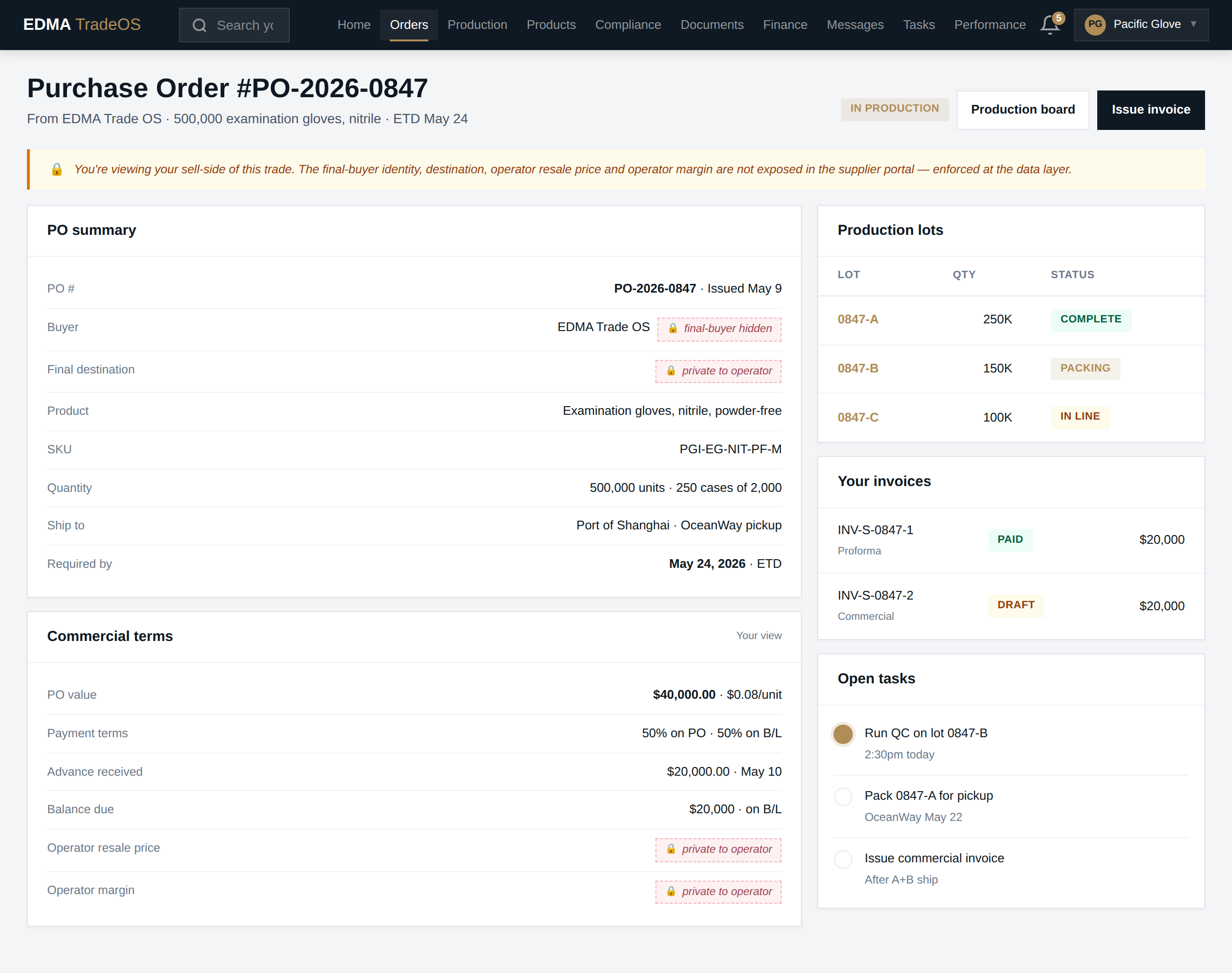 Supplier Order Detail page showing what the factory sees — client identity and operator margin hidden
