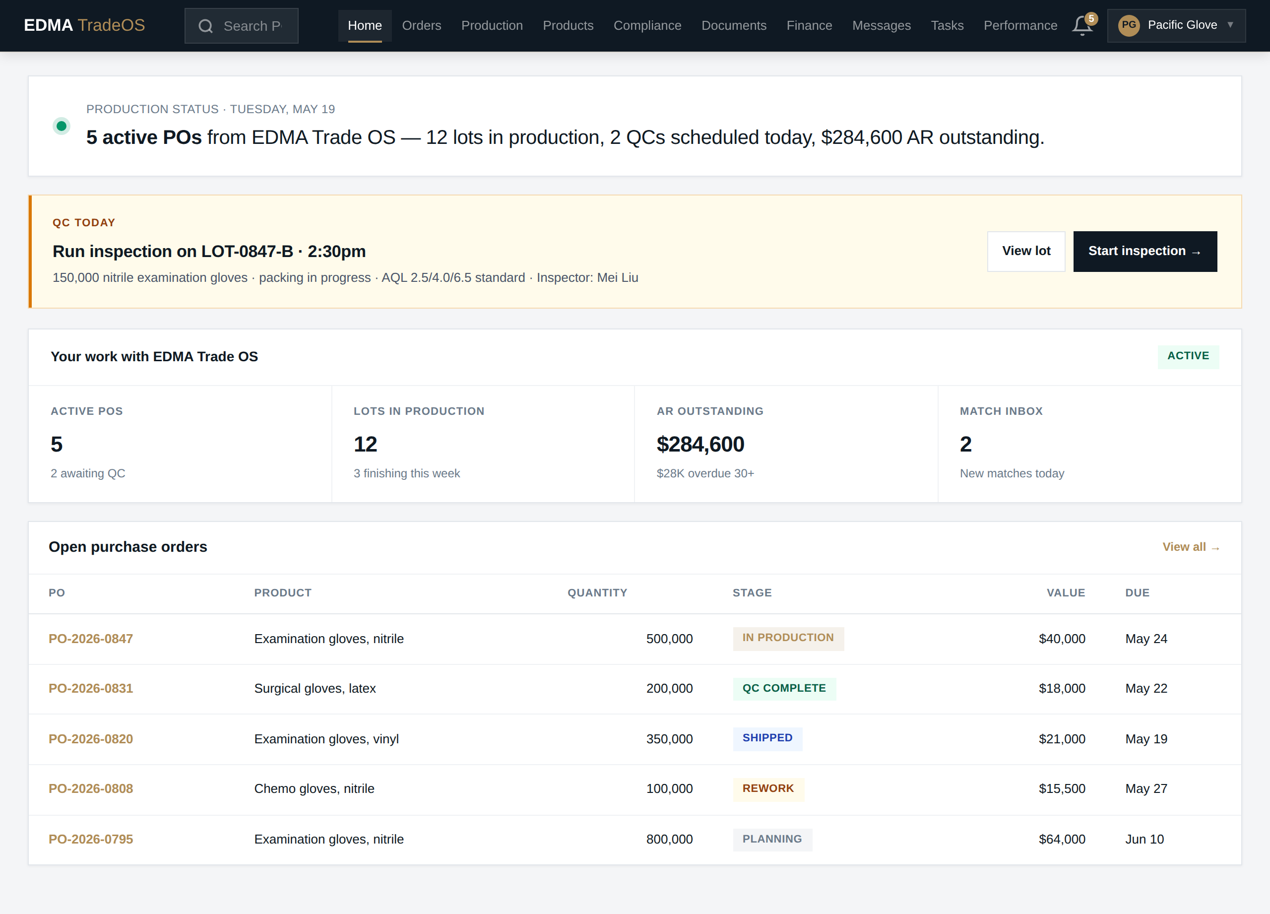 EDMA Supplier Portal home screen showing production, compliance, invoices, and tasks