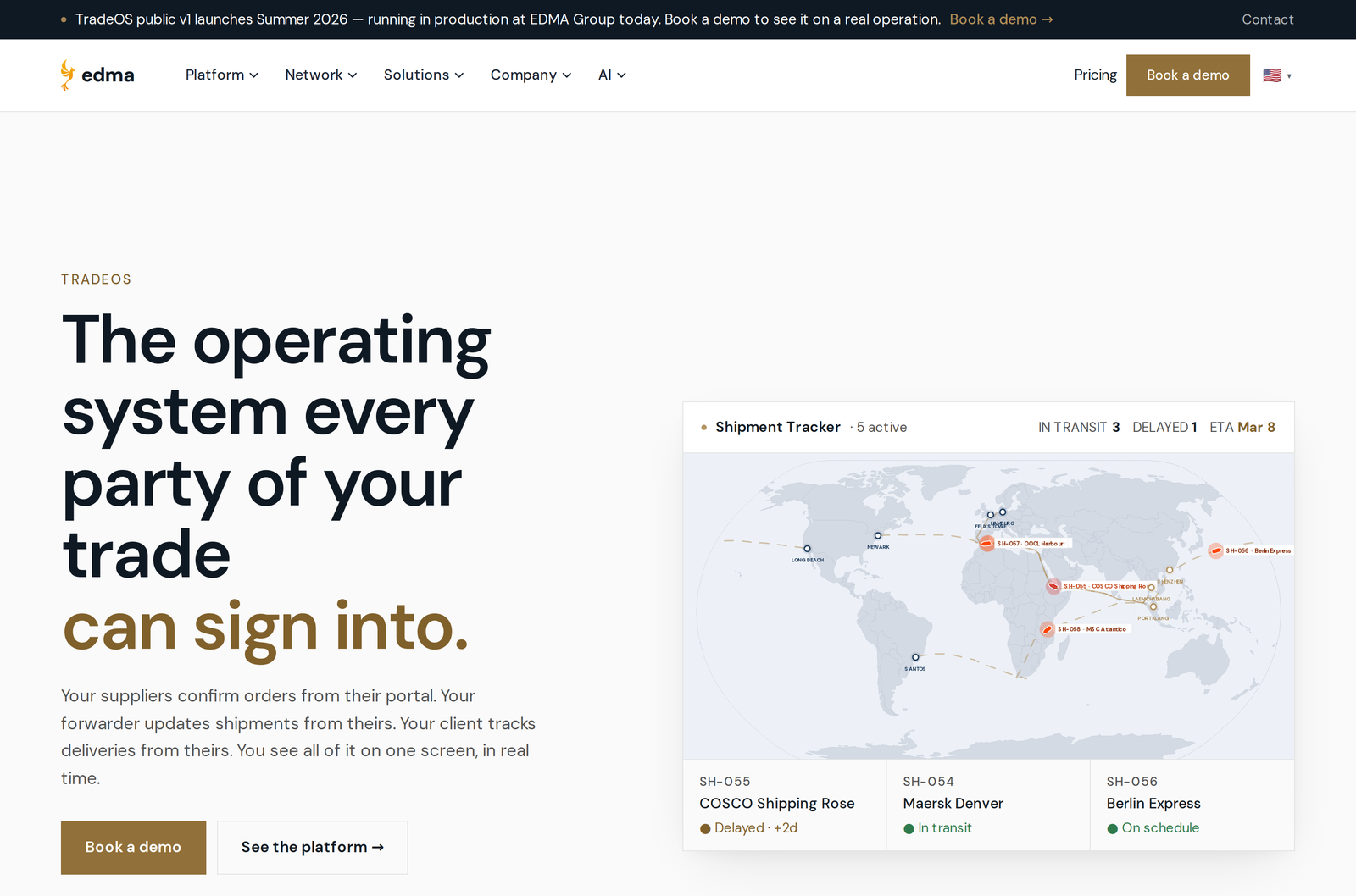 edma.trade public website hero with live shipment tracker map