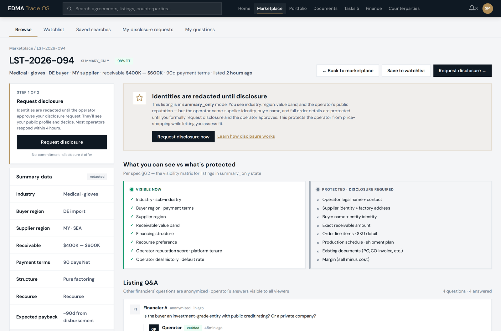 Listing detail in pre-disclosure summary-only state with visibility matrix
