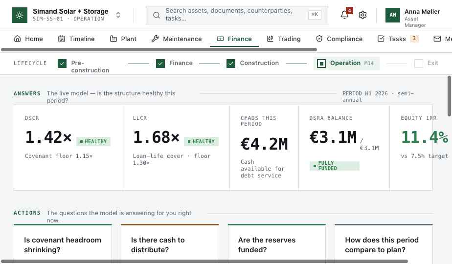 energyOS Finance cockpit — the model cash cascade from revenue to distributions